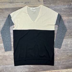 Max Studio beige black and gray 100% Marino Wool V neck sweater size XS B172